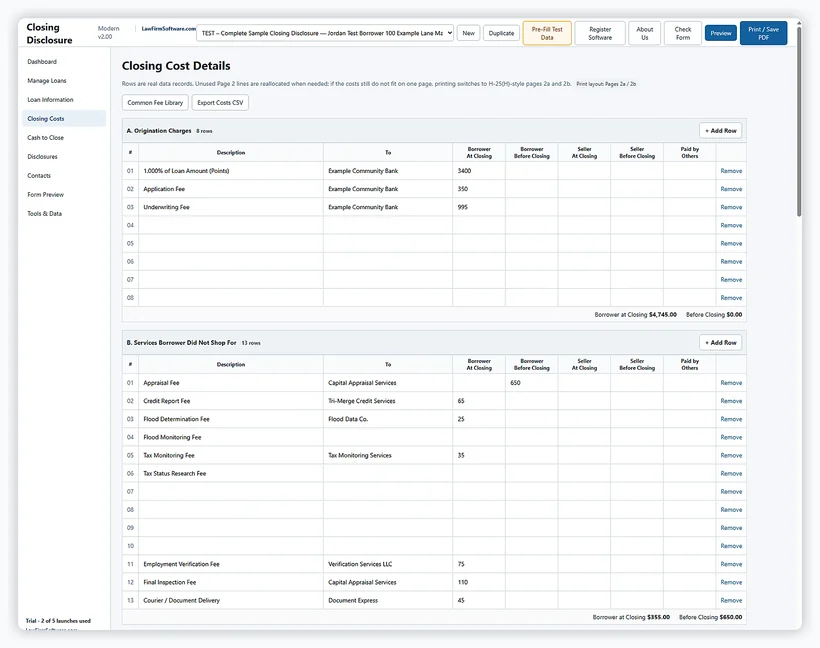 Closing Disclosure Software closing cost details screen