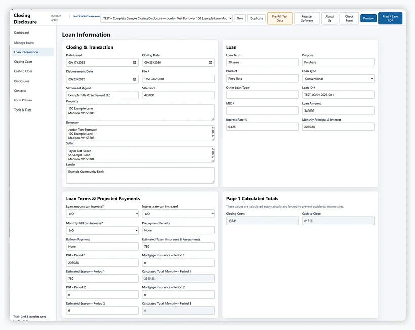 Closing Disclosure Software loan information screen