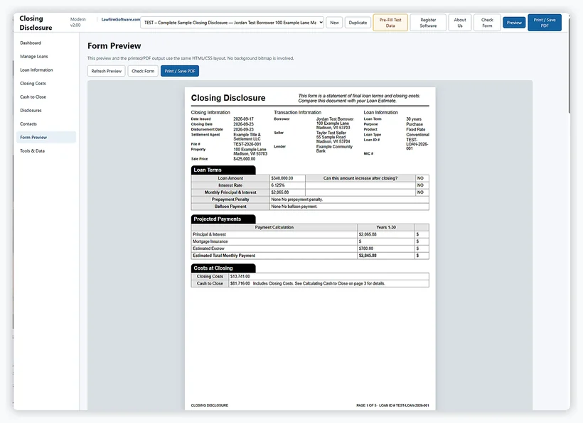 Closing Disclosure Software print preview screen
