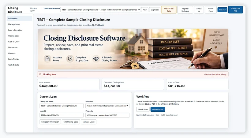 Closing Disclosure software workspace