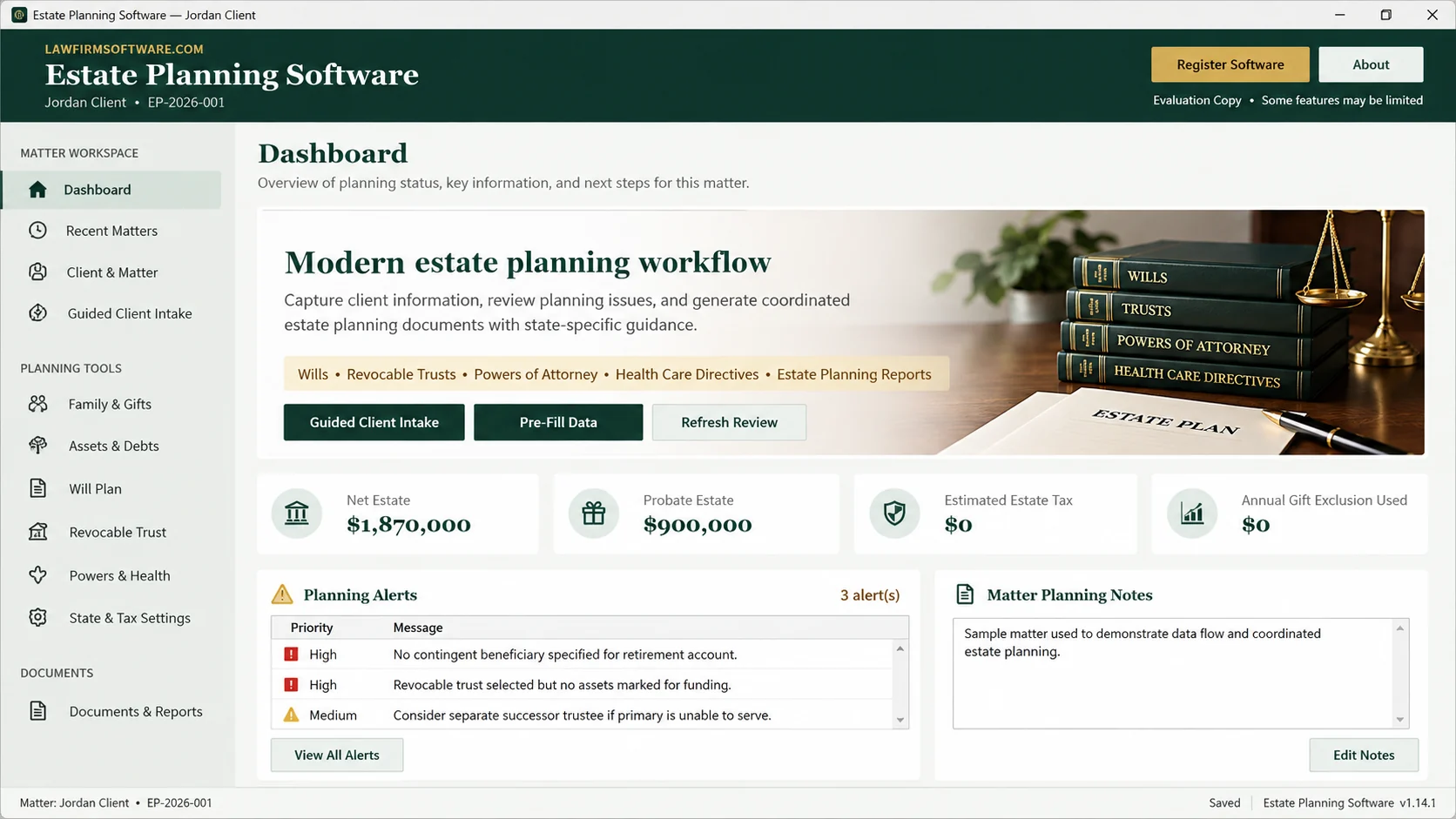 Estate Planning Software dashboard and client matter interface