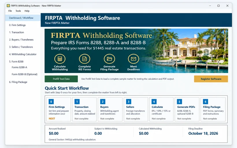 FIRPTA Withholding Software dashboard and workflow screen