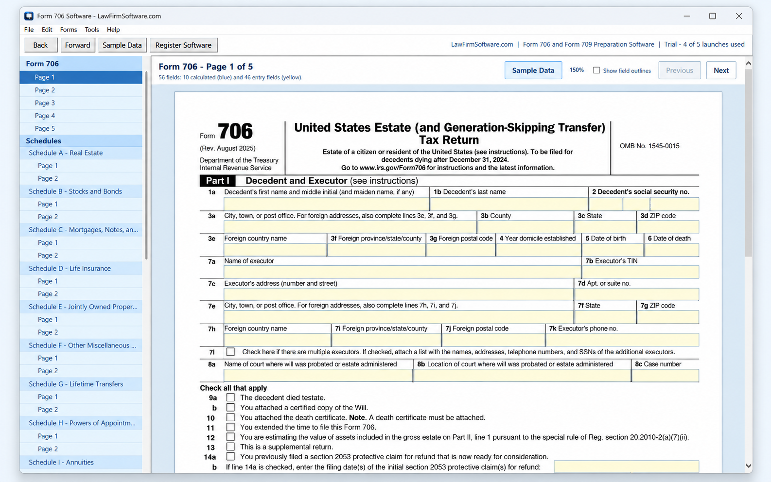Actual Form 706 software workspace with schedules and return entry fields