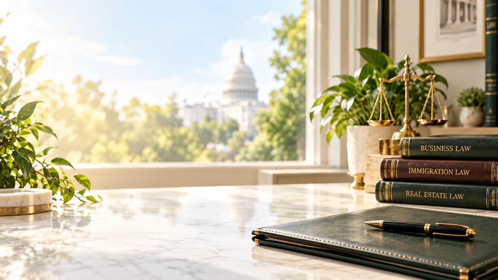 Bright legal office workspace with law books, scales of justice, marble desk, and a capitol view through the window