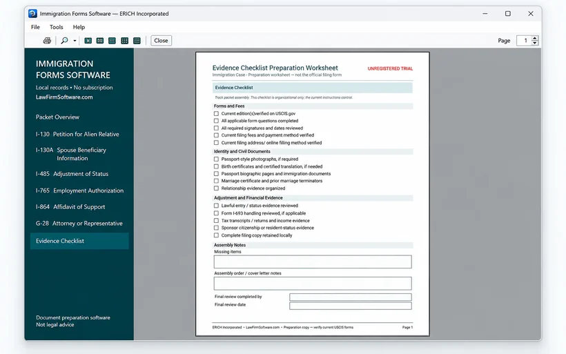 Evidence checklist preparation worksheet inside Immigration Forms Software