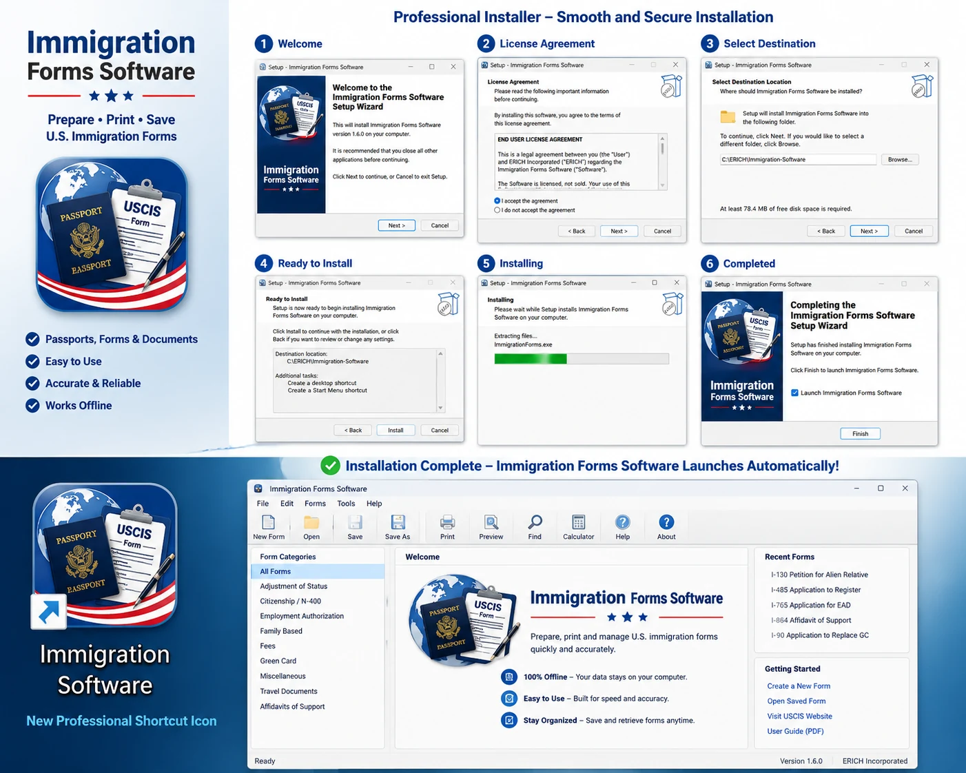 Immigration Forms Software installation guide and setup screens