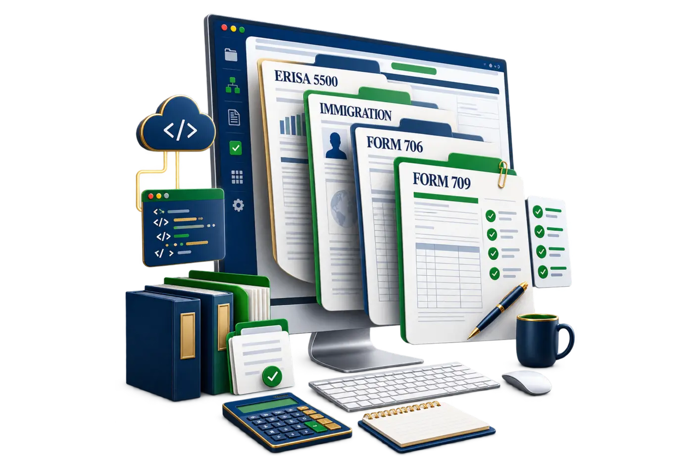 LawFirmSoftware.com desktop workspace with ERISA 5500, Immigration, Form 706, and Form 709 files