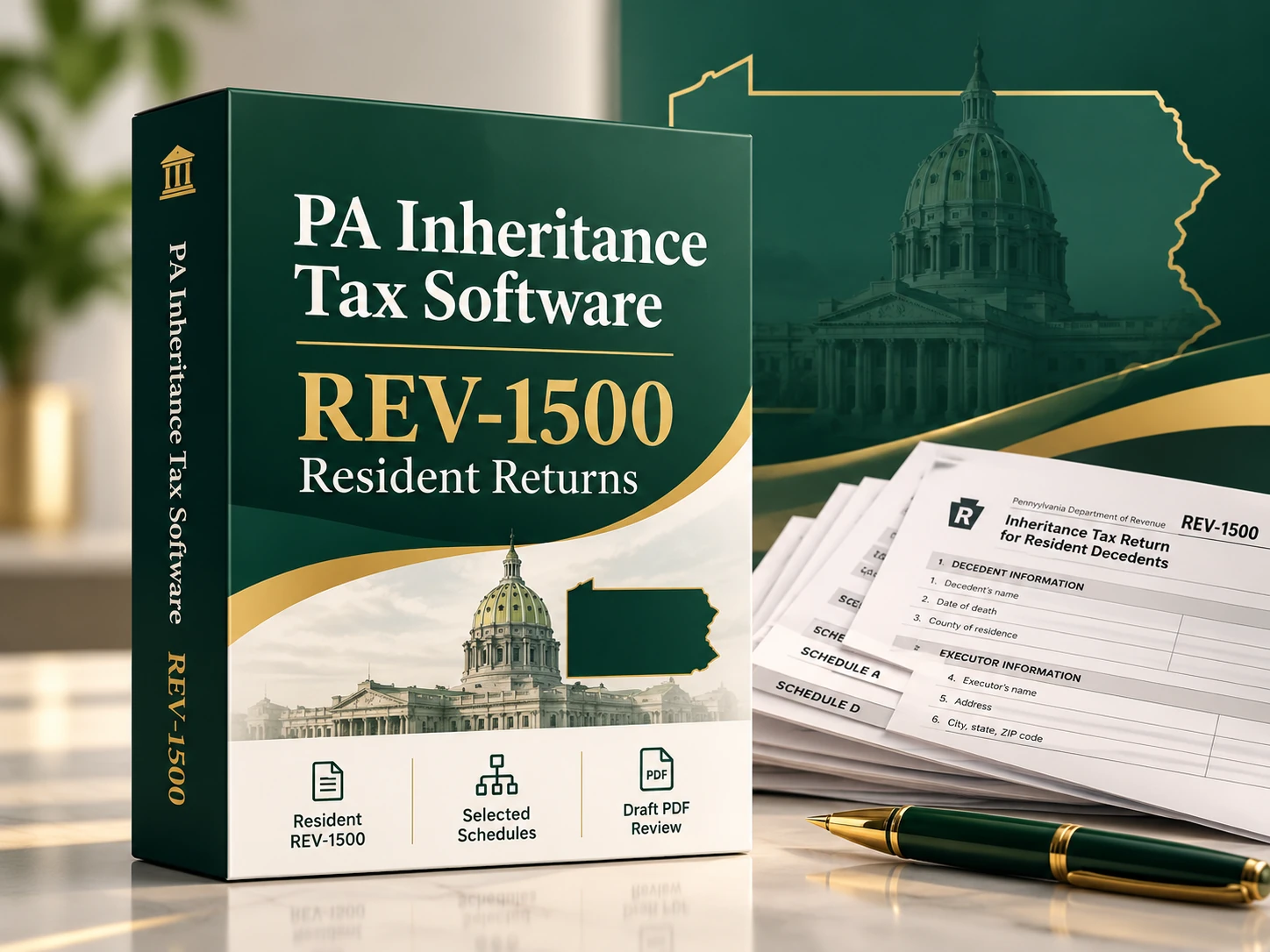 PA Inheritance Tax Software hero image with software box, REV-1500 forms, and Pennsylvania state imagery
